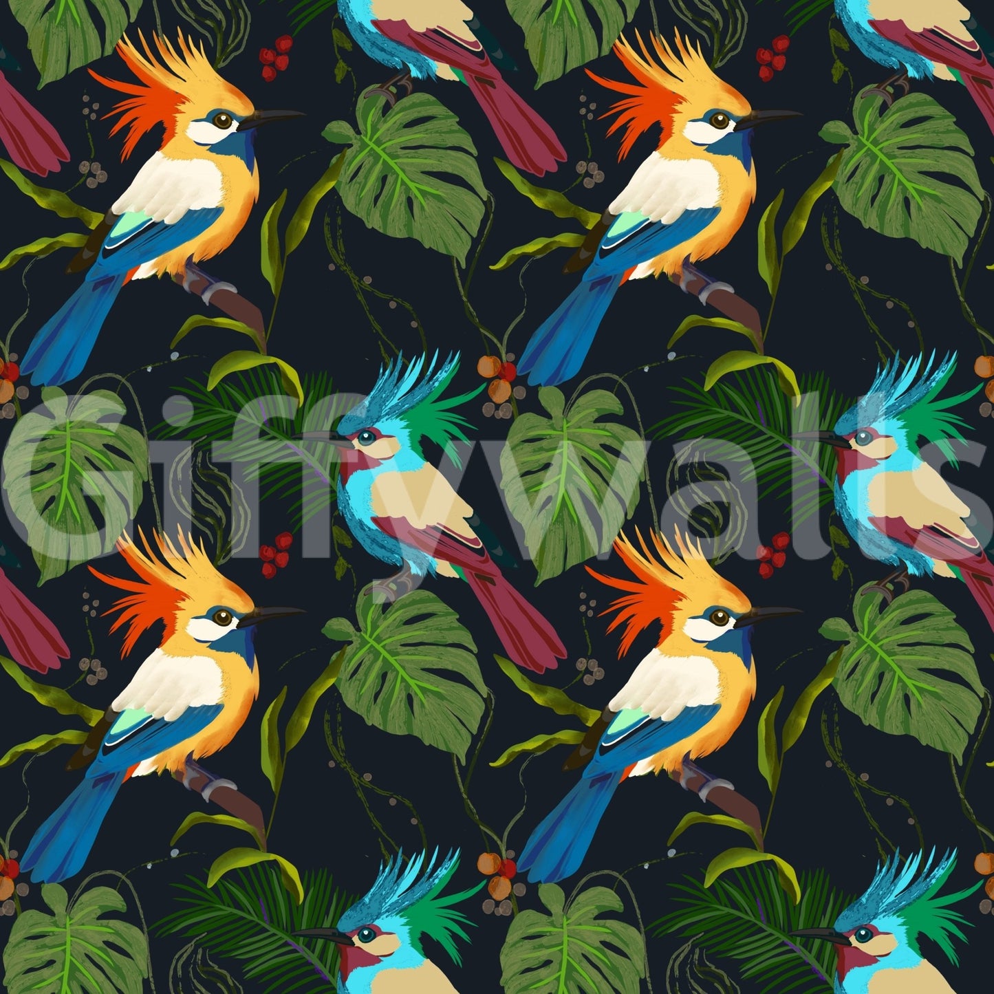 Jungle Birds Exotic Botanical Paradise Wallpaper⁠