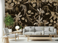 Vibrant tropical mural capturing the view from beneath a jungle canopy