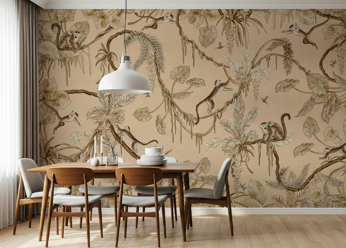 Vibrant jungle scene with playful monkeys and exotic birds among tropical foliage