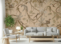Jungle escapade mural showing monkeys, birds, and colorful tropical trees