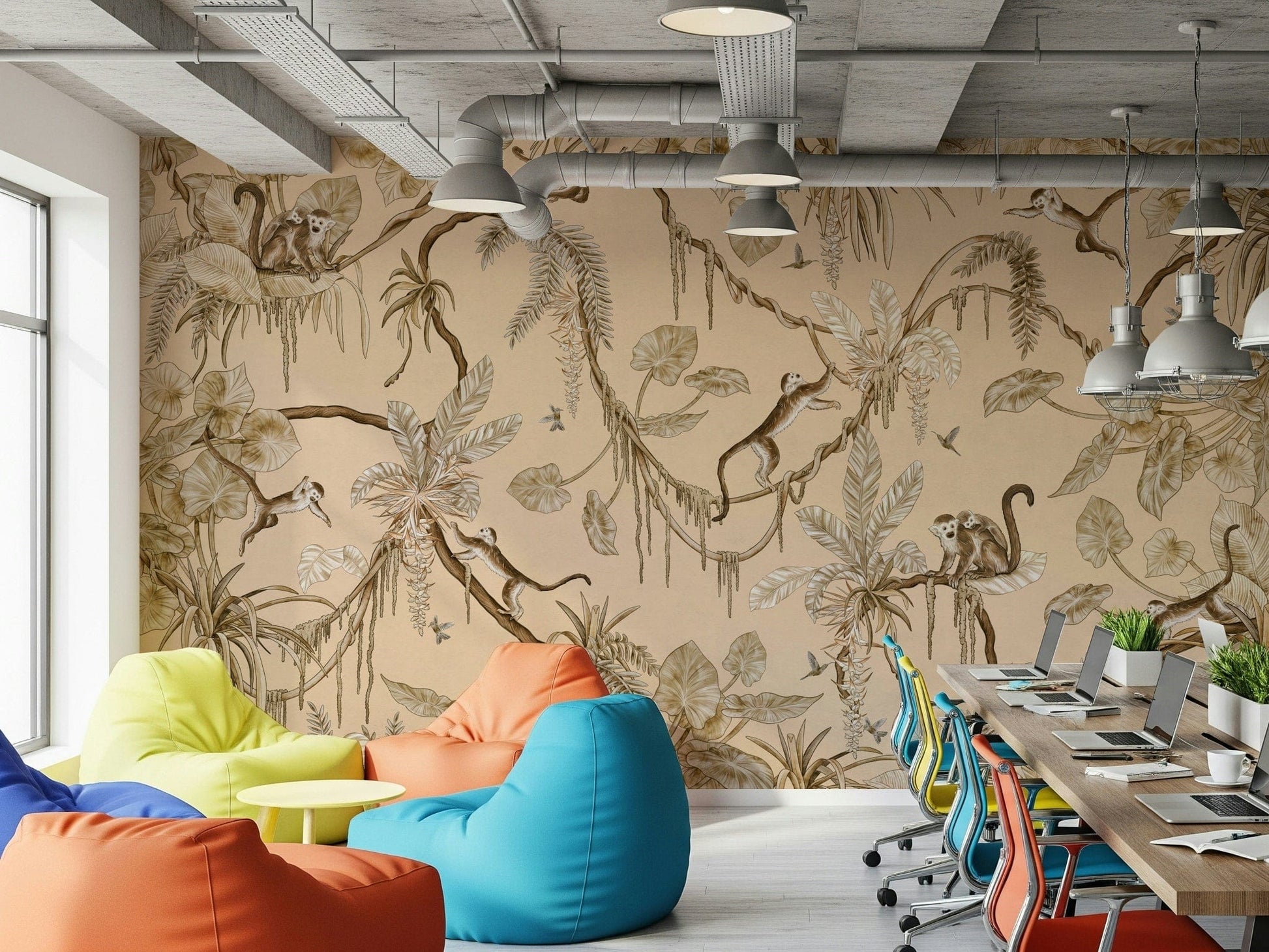Tropical jungle mural featuring monkeys swinging through dense greenery