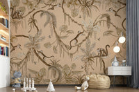 Tropical wallpaper depicting a lively jungle filled with birds and monkeys