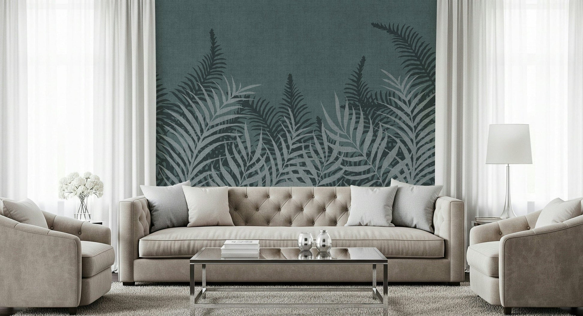 The Jungle Fog wallpaper for walls, layered palms, mysterious and beautiful artwork.