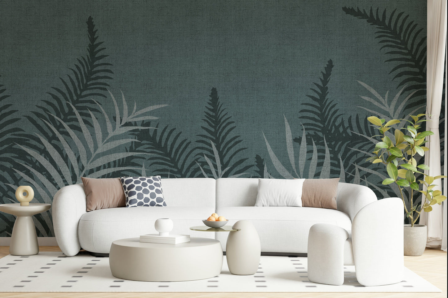 Serene jungle leaf wallpaper pattern, natural fabric effect for modern decor.