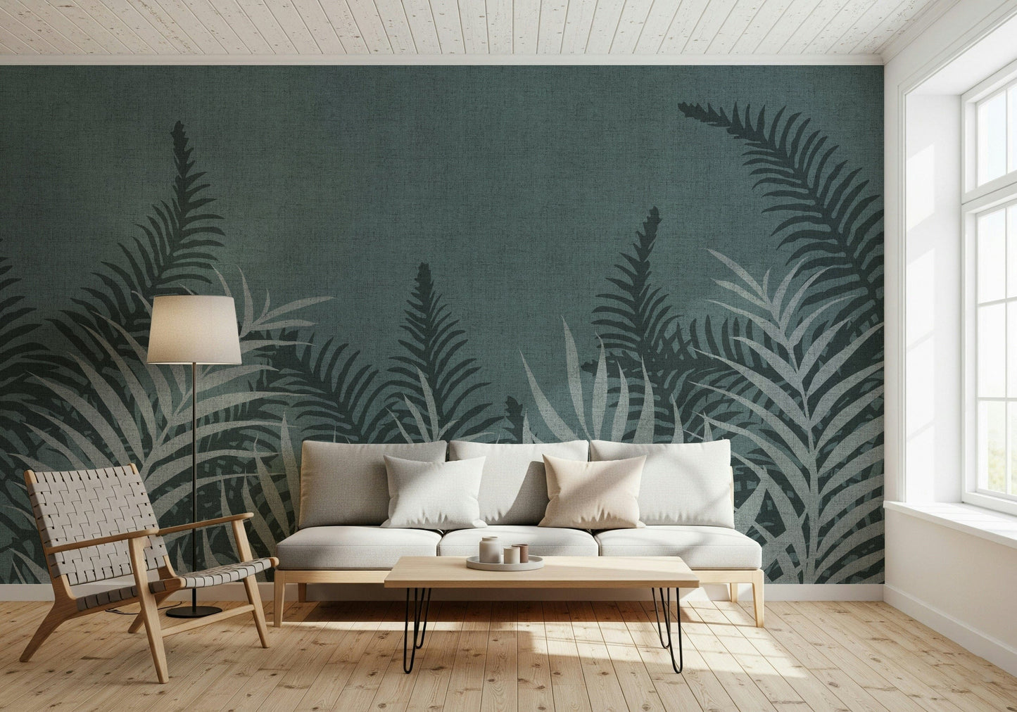 Exotic palm frond wall mural, moody jungle ambiance, textured linen-look fabric.