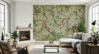 Colorful jungle mural featuring playful animals interacting amid lush plants