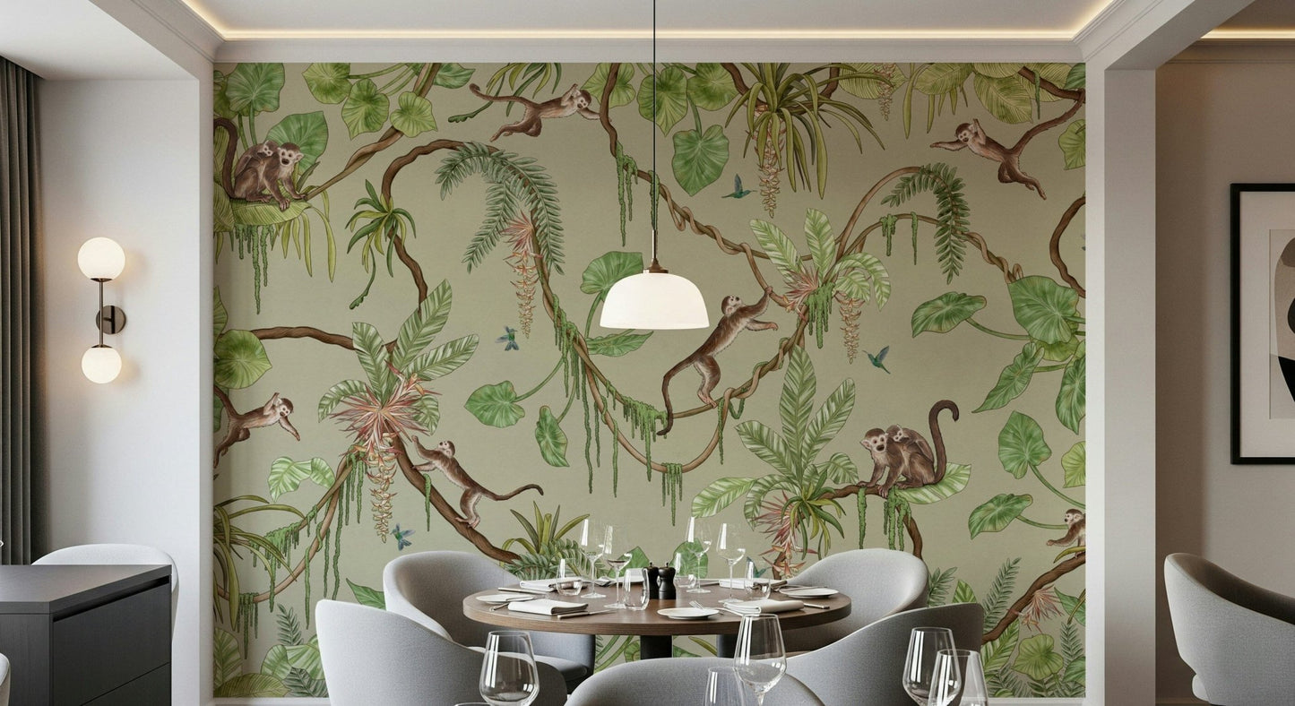 Vibrant jungle scene with playful monkeys, birds, and tropical foliage