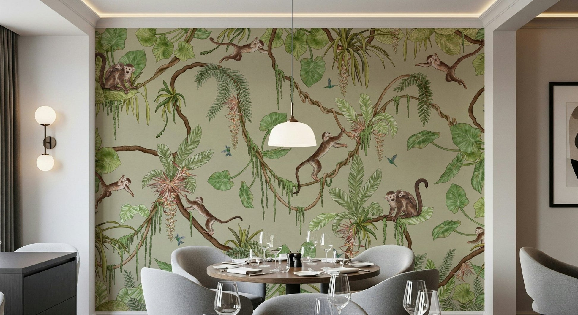 Vibrant jungle scene with playful monkeys, birds, and tropical foliage