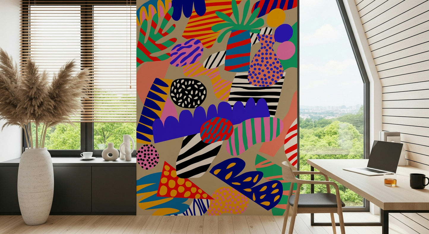A whimsical wallpaper filled with lively tropical shapes, bold prints, and artistic patterns.