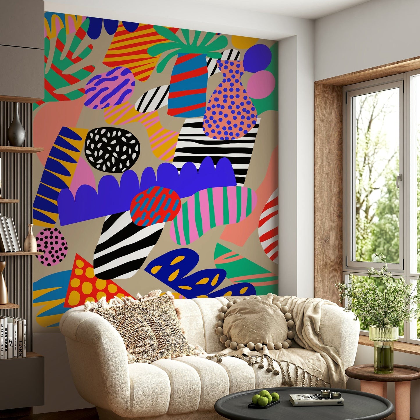 Jungle-themed wallpaper showcasing vivid stripes, polka dots, and bold organic silhouettes.