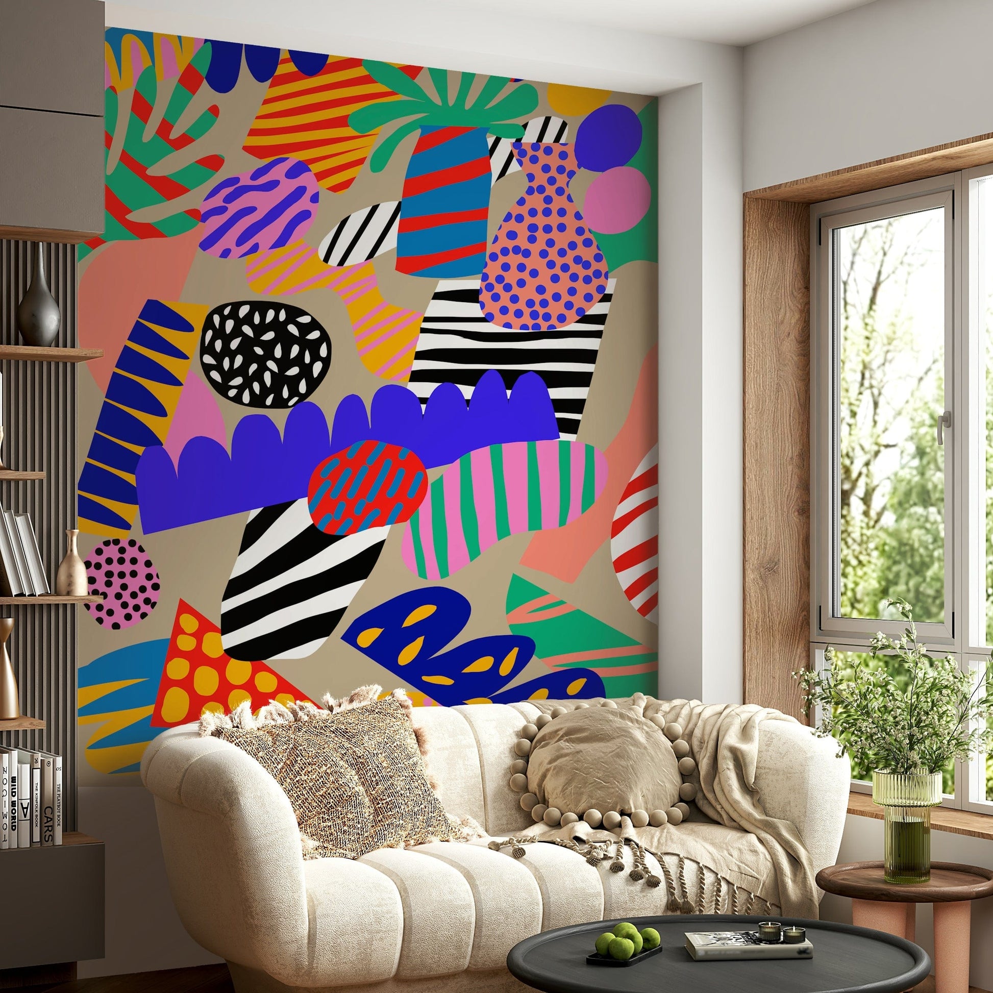 Jungle-themed wallpaper showcasing vivid stripes, polka dots, and bold organic silhouettes.