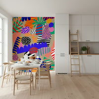 Bold tropical wallpaper with eye-catching patterns, playful shapes, and vivid contrasting hues.