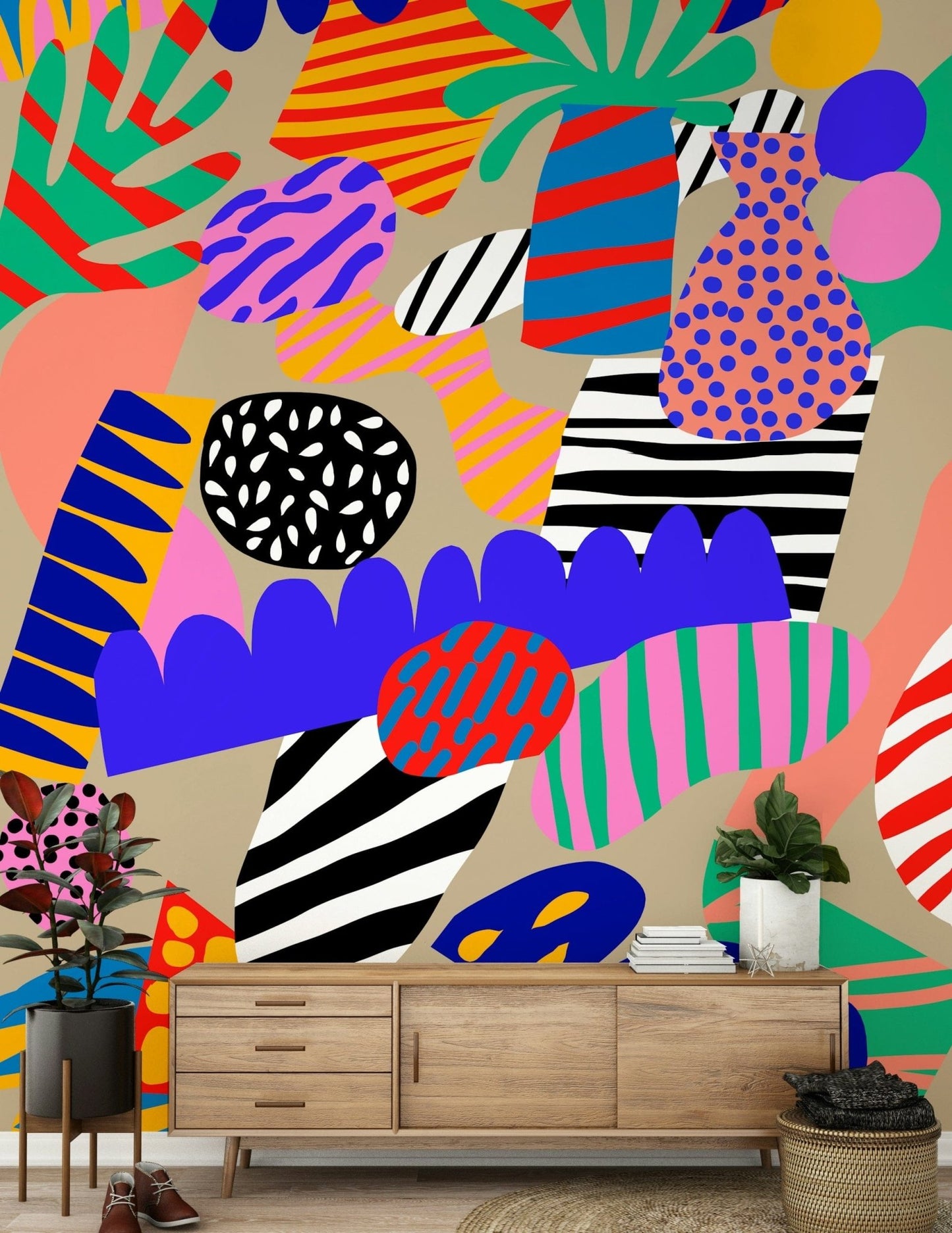 Playful tropical wallpaper with lively patterns, stripes, and dotted shapes in a jungle-inspired design.