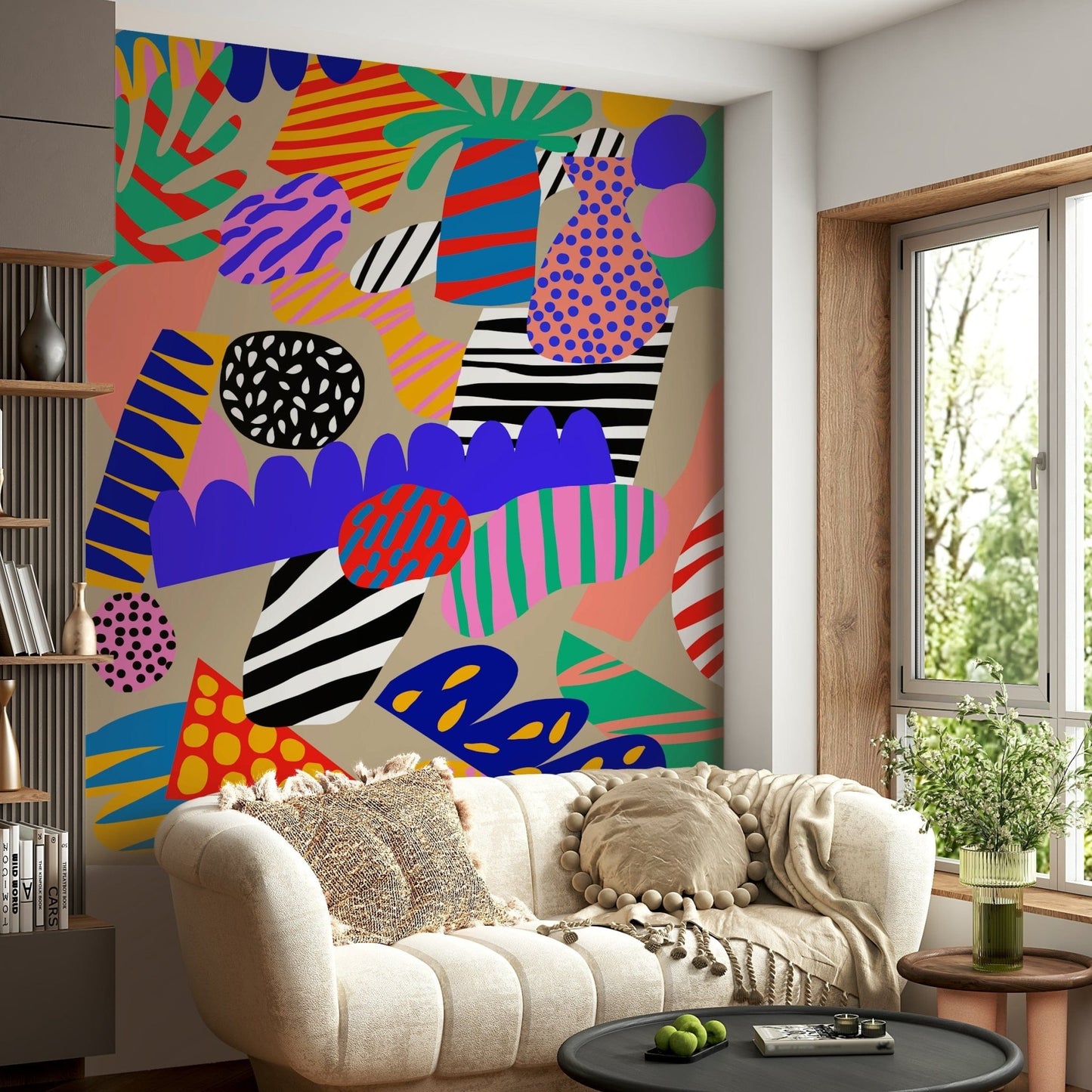 Jungle-themed wallpaper showcasing vivid stripes, polka dots, and bold organic silhouettes.