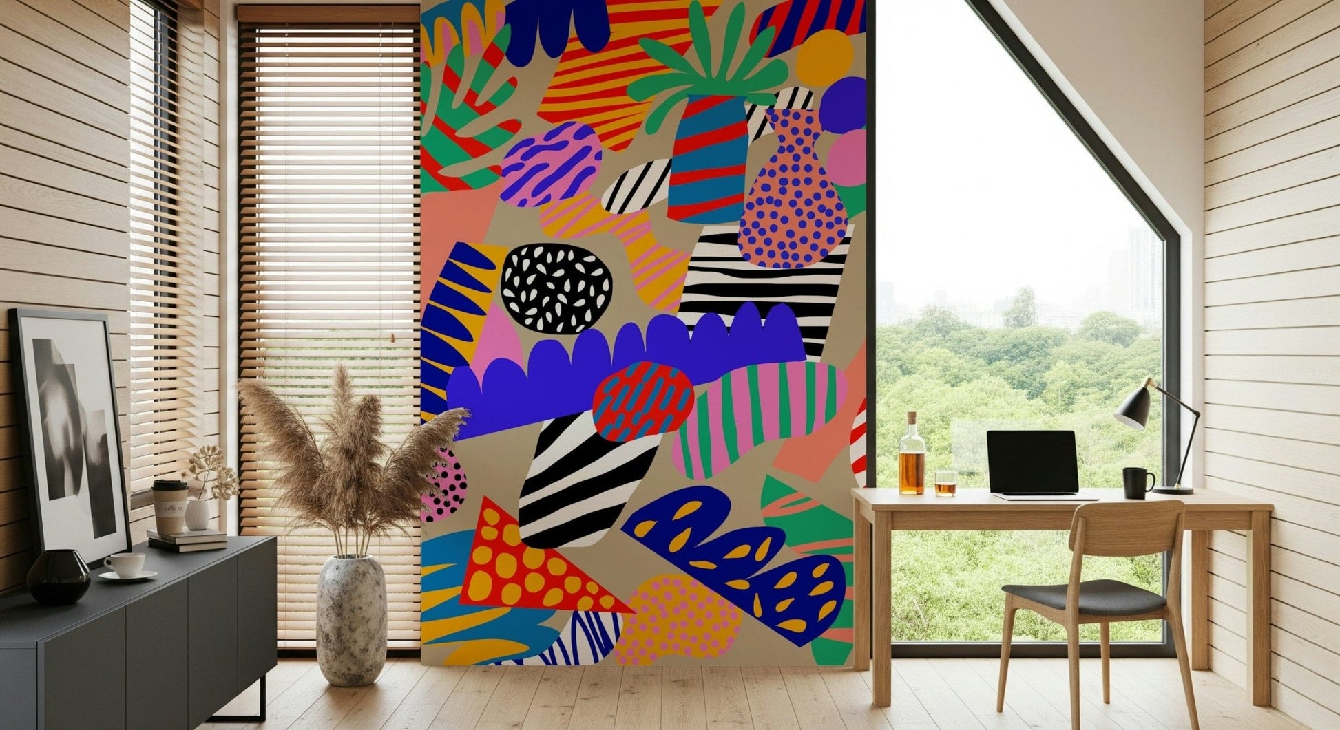 A funky abstract wallpaper combining jungle leaf elements with colorful graphic patterns.