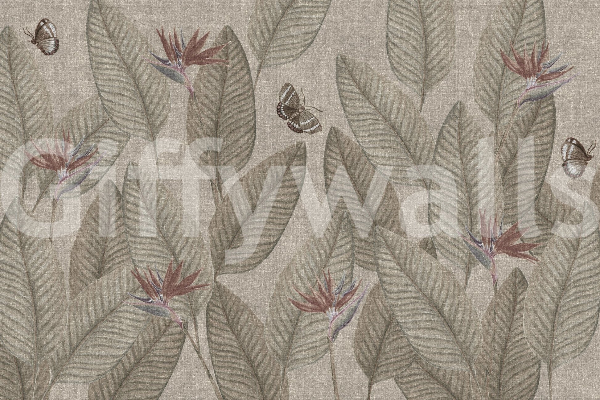 Botanical textured wall mural, Jungle Life Muted pattern, elegant nature inspired design.