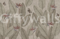 Botanical textured wall mural, Jungle Life Muted pattern, elegant nature inspired design.