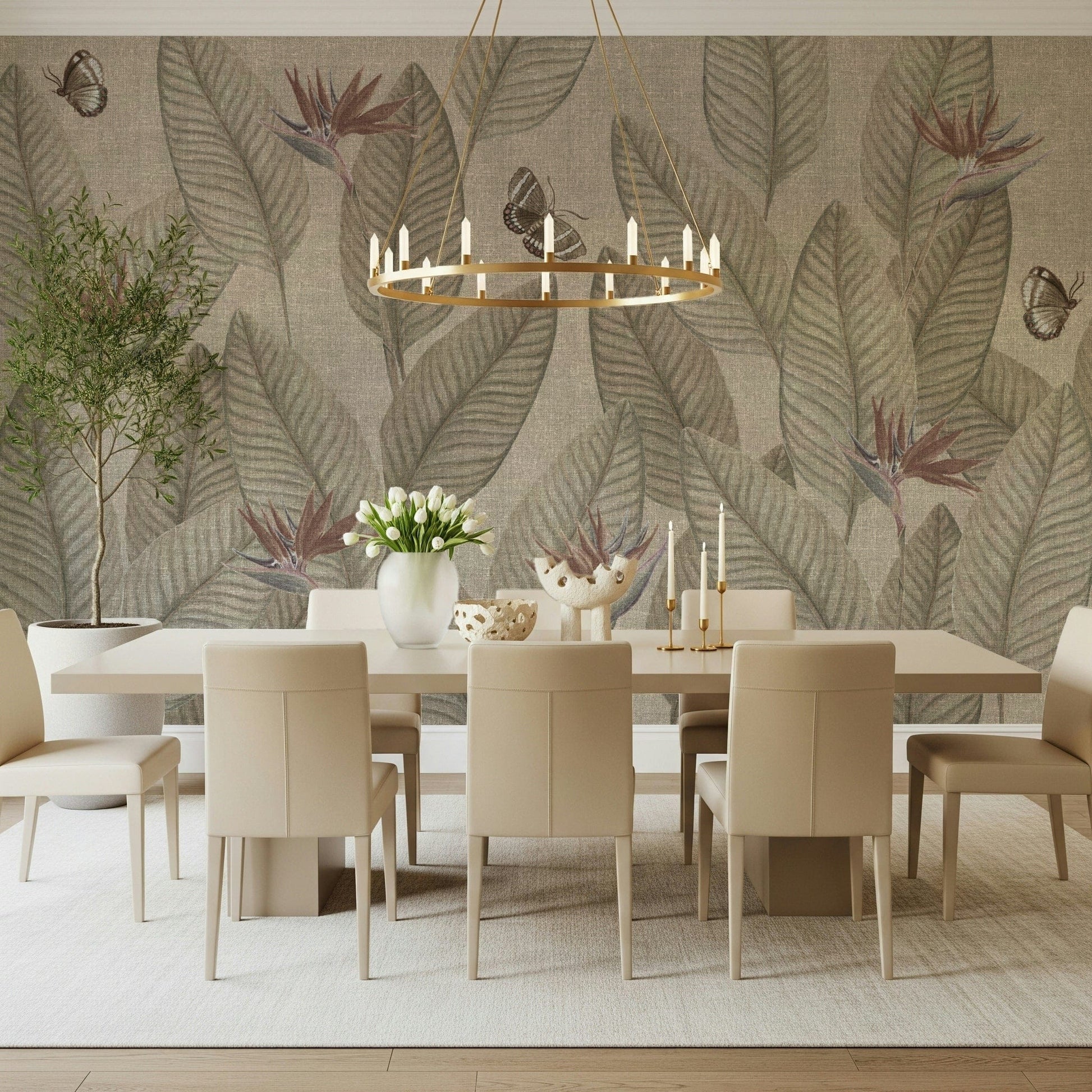 Interior design wall covering: Artistic rendering of natural elements, serene jungle feel.