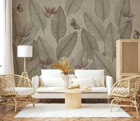 Jungle Life Muted wall mural offers an understated tropical escape with detailed leaves.