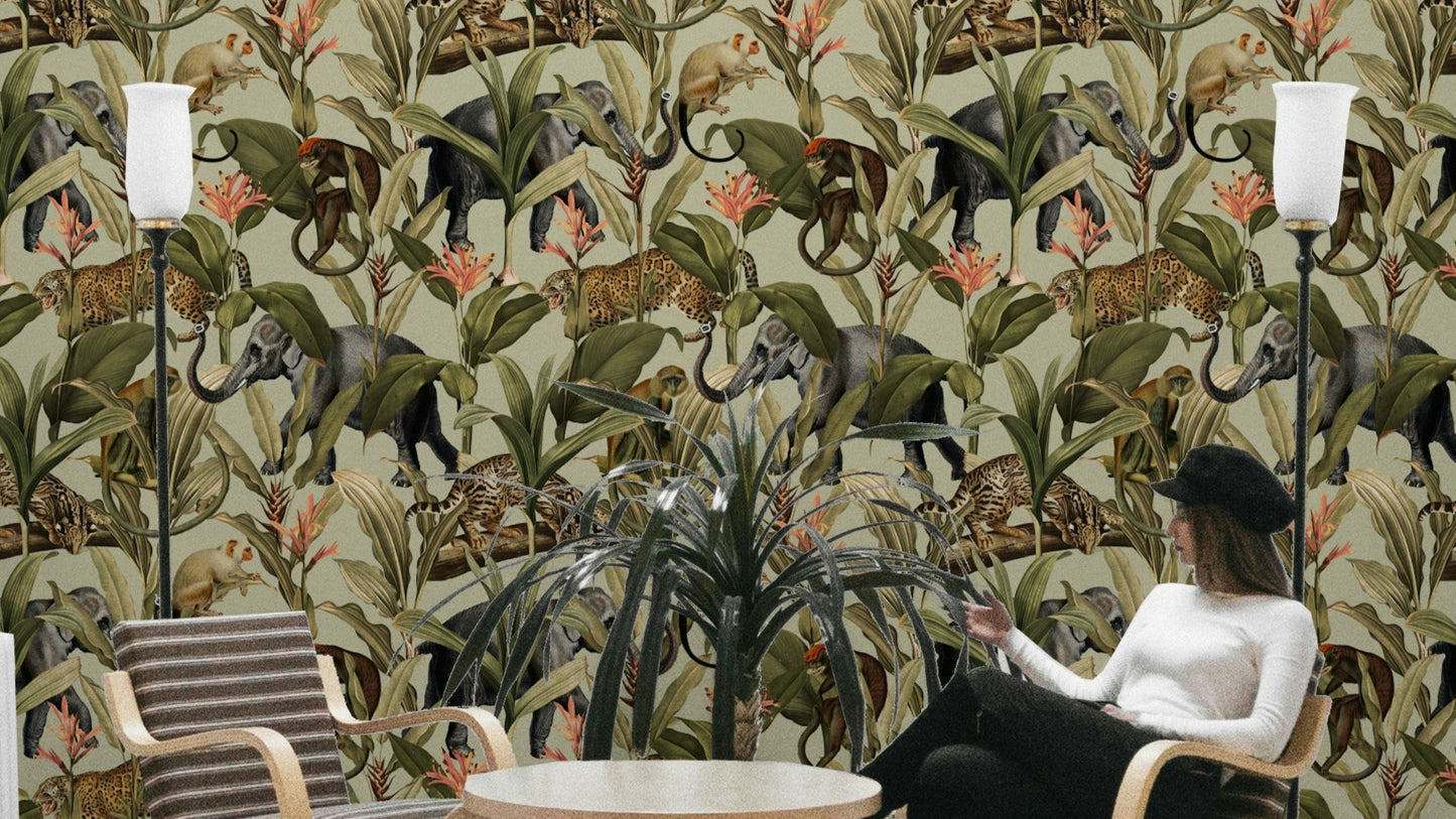 Close-up of Jungle Majesty mural with vibrant tropical plants.

