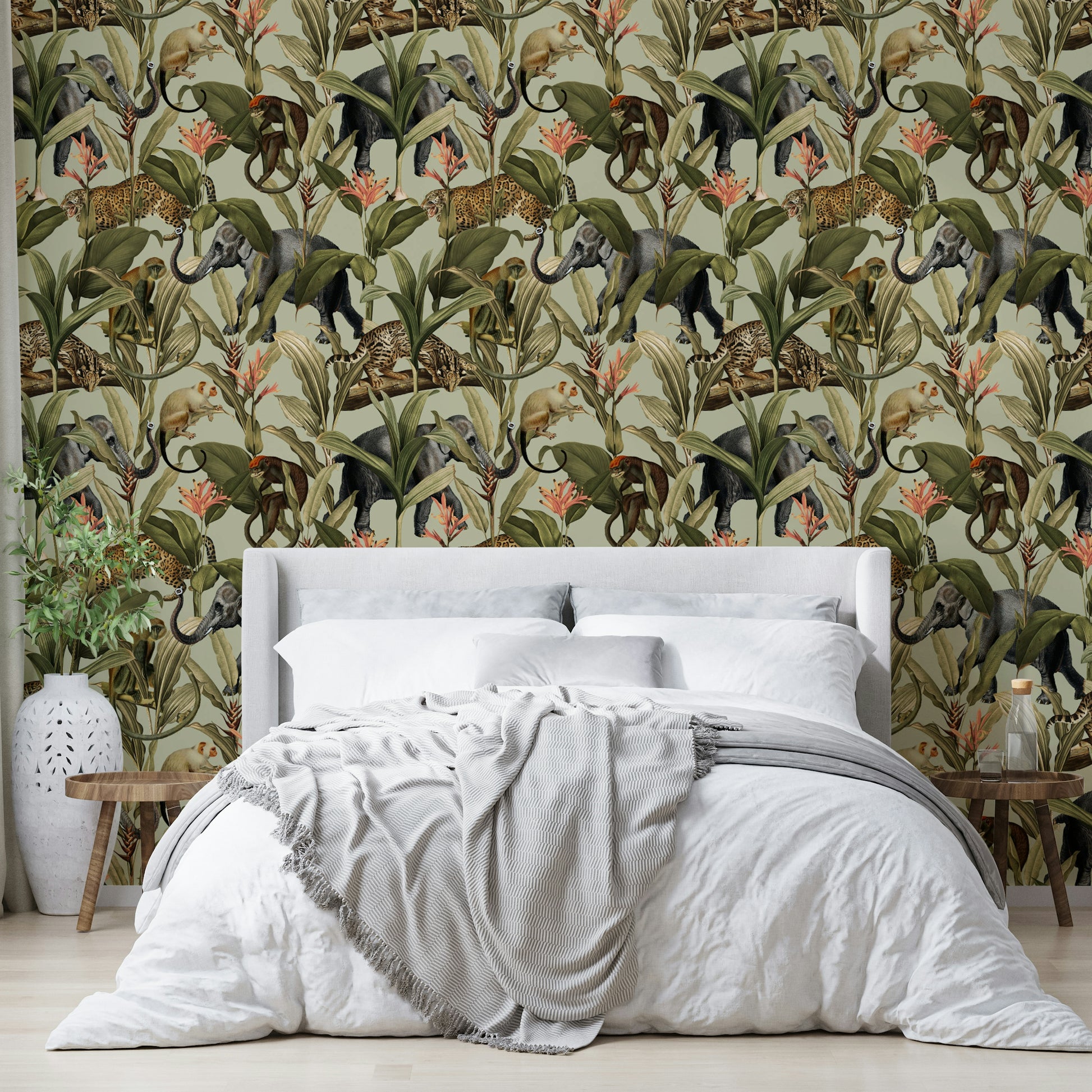 Detailed jungle mural with rich green tones and wild plants.

