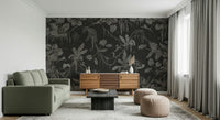 Tropical forest mural with dark tones and subtle evening lighting