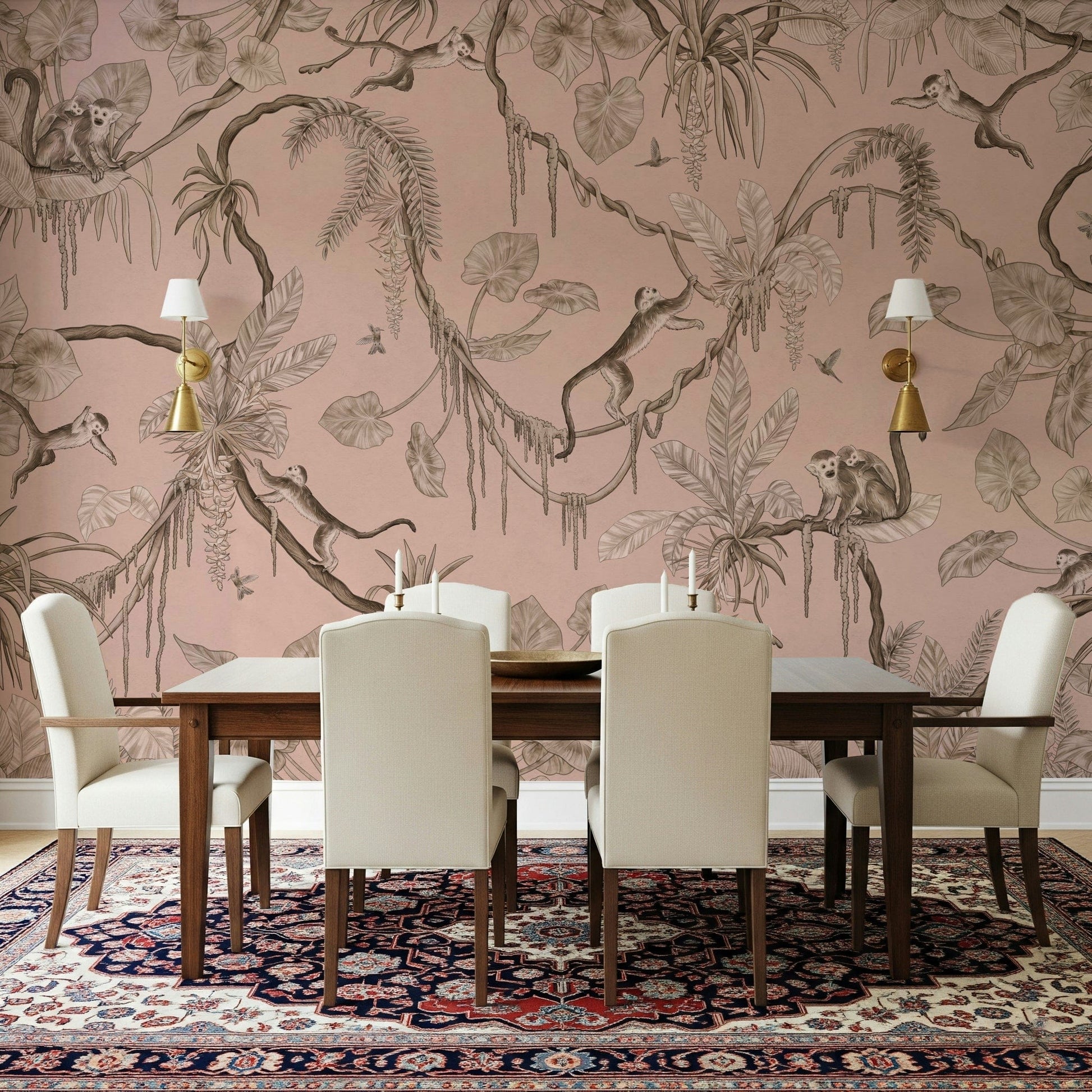 Lush jungle mural with birds and monkeys creating a lively tropical scene