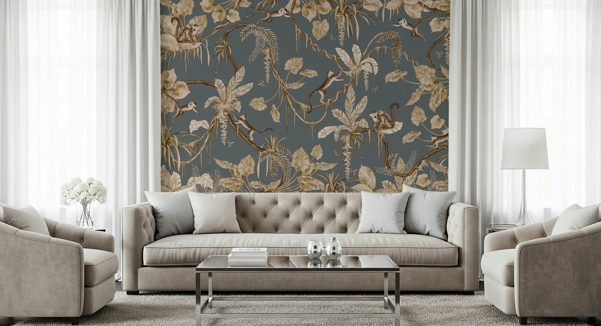 Jungle mural depicting animals exploring flowering trees and vines