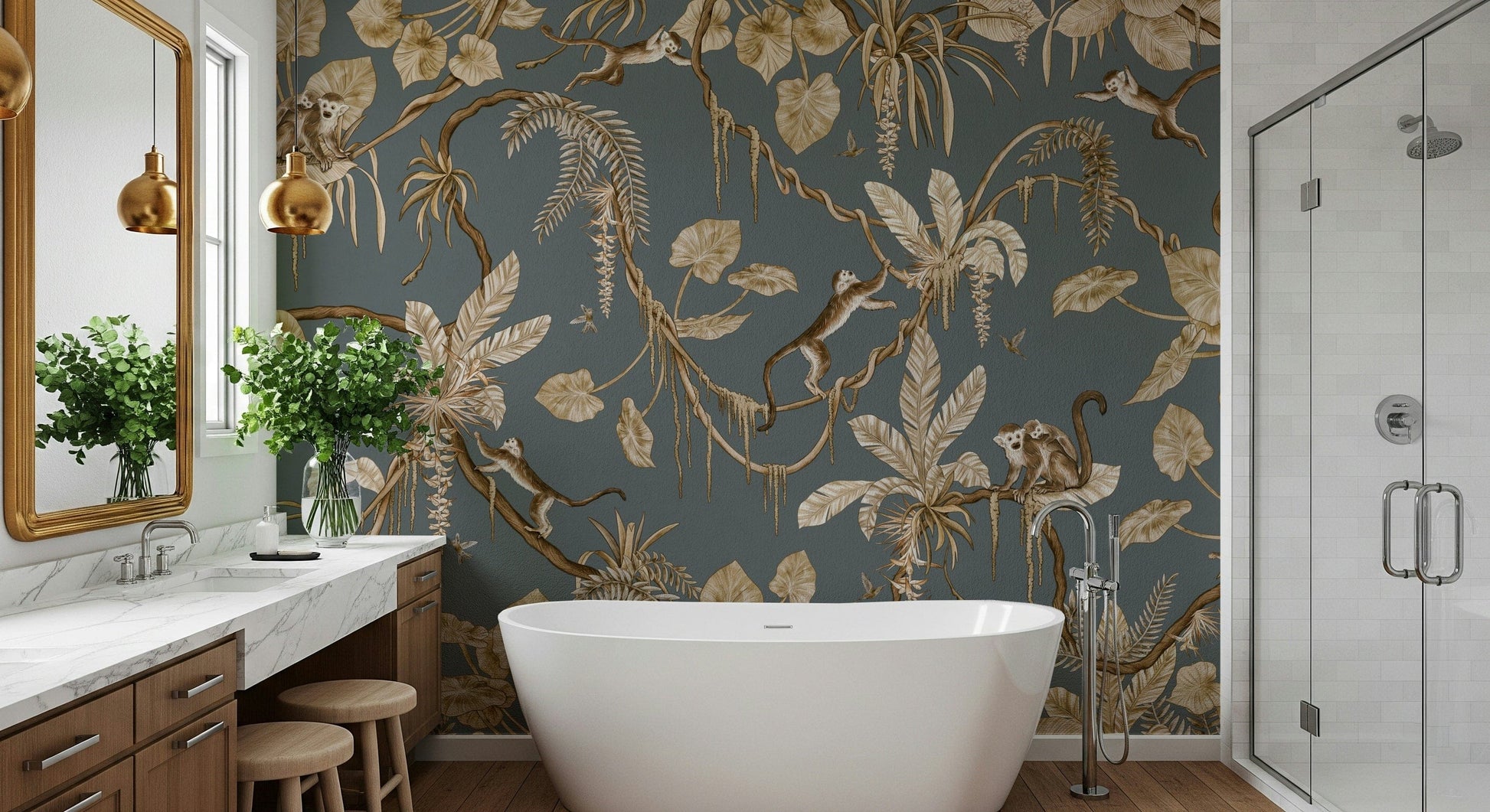 Whimsical wall art of a lively tropical jungle filled with wildlife