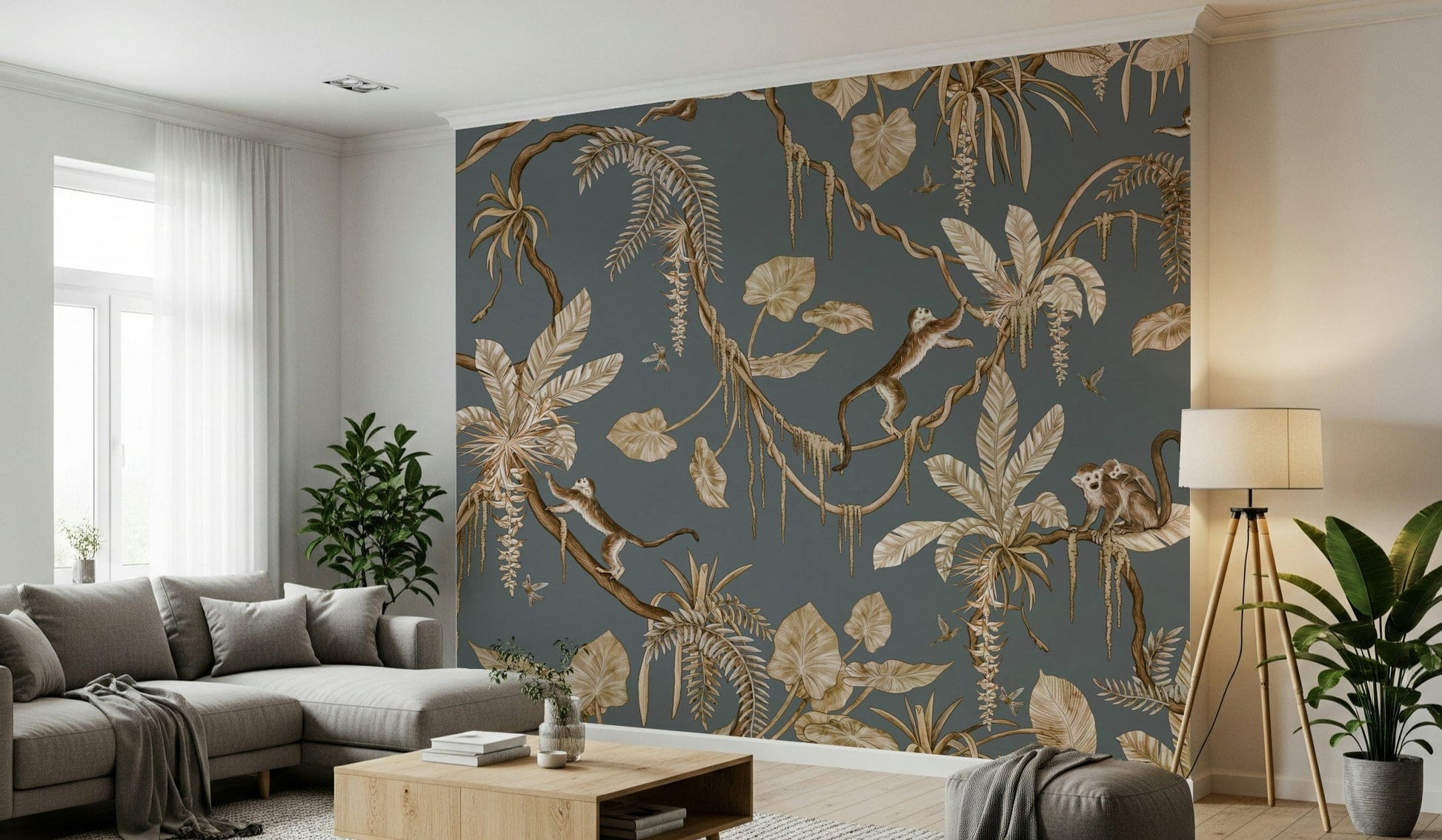 Nature-inspired mural featuring monkeys, birds, and dense jungle greenery