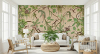 Decorative wall art featuring a vibrant tropical jungle with playful animals
