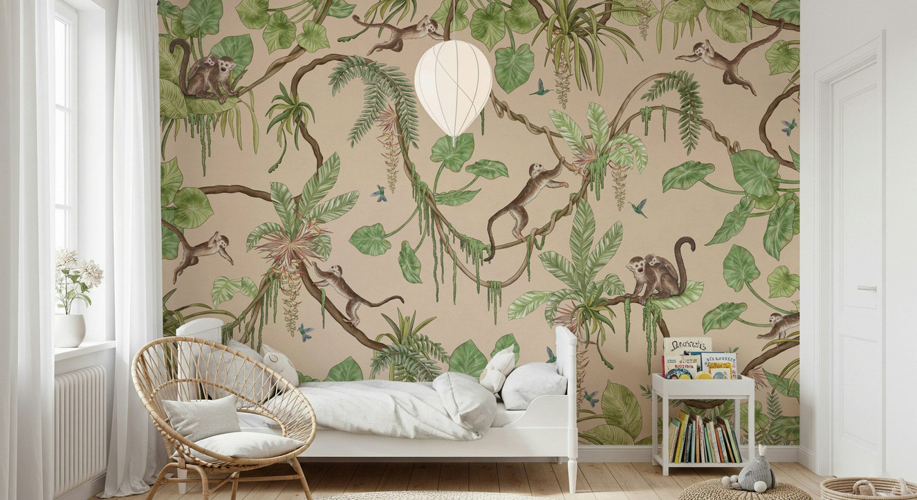 Nature-inspired mural with monkeys, birds, and colorful jungle plants