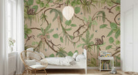 Nature-inspired mural with monkeys, birds, and colorful jungle plants
