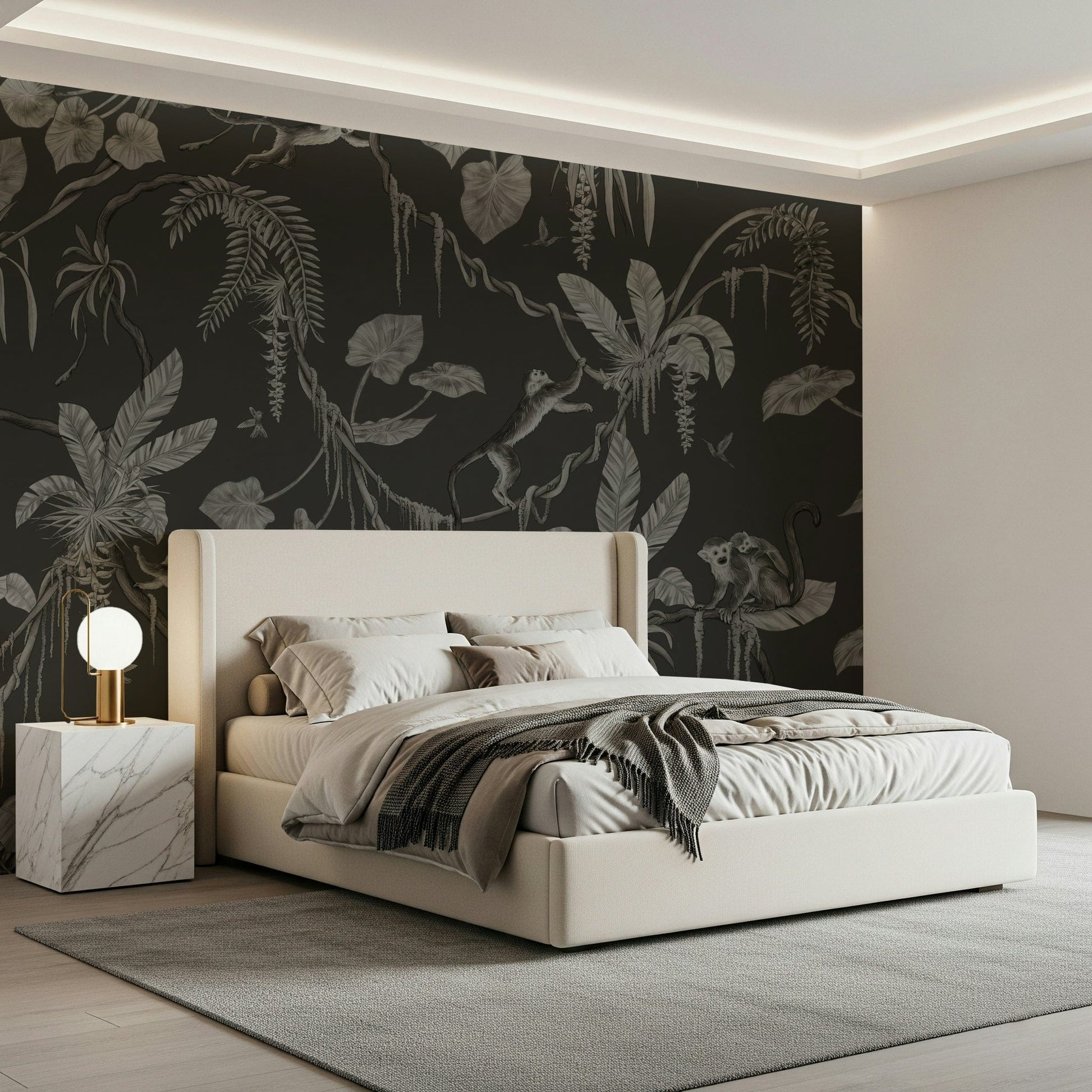 Nighttime jungle mural featuring silhouetted trees and leafy greenery