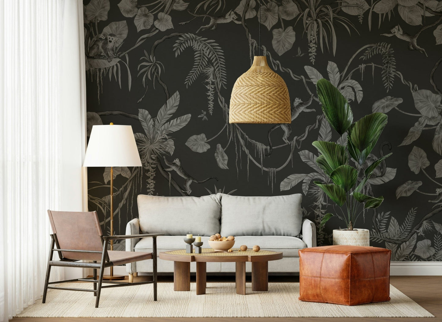 Artistic mural of a jungle at night with deep green foliage and soft moonlight
