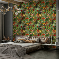 Exotic wall mural featuring jungle greenery and wildlife.

