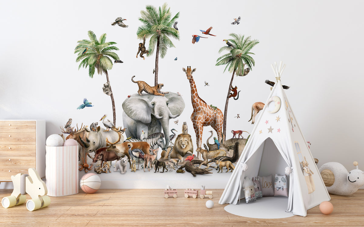 Jungle Safari Animal Birds wallpaper mural in a kids room with a white teepee tent and pink toy cars
