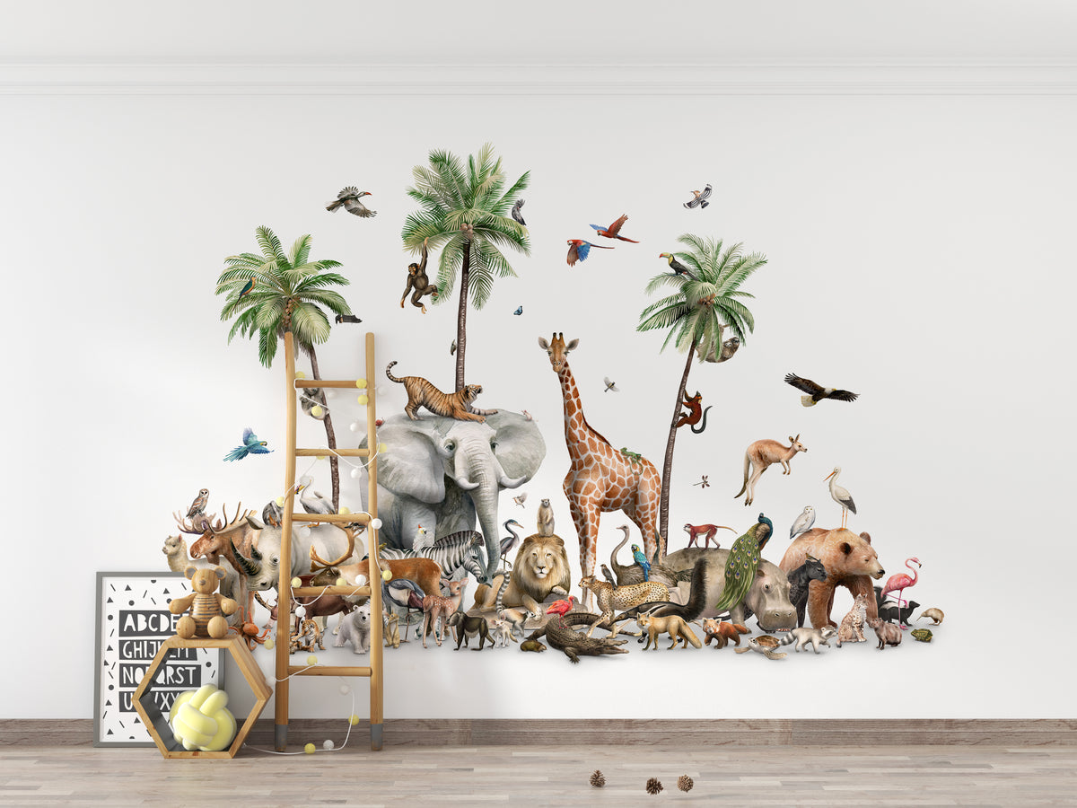 Jungle Safari Animal Birds wallpaper mural beside a wooden ladder shelf and framed ABC alphabet poster