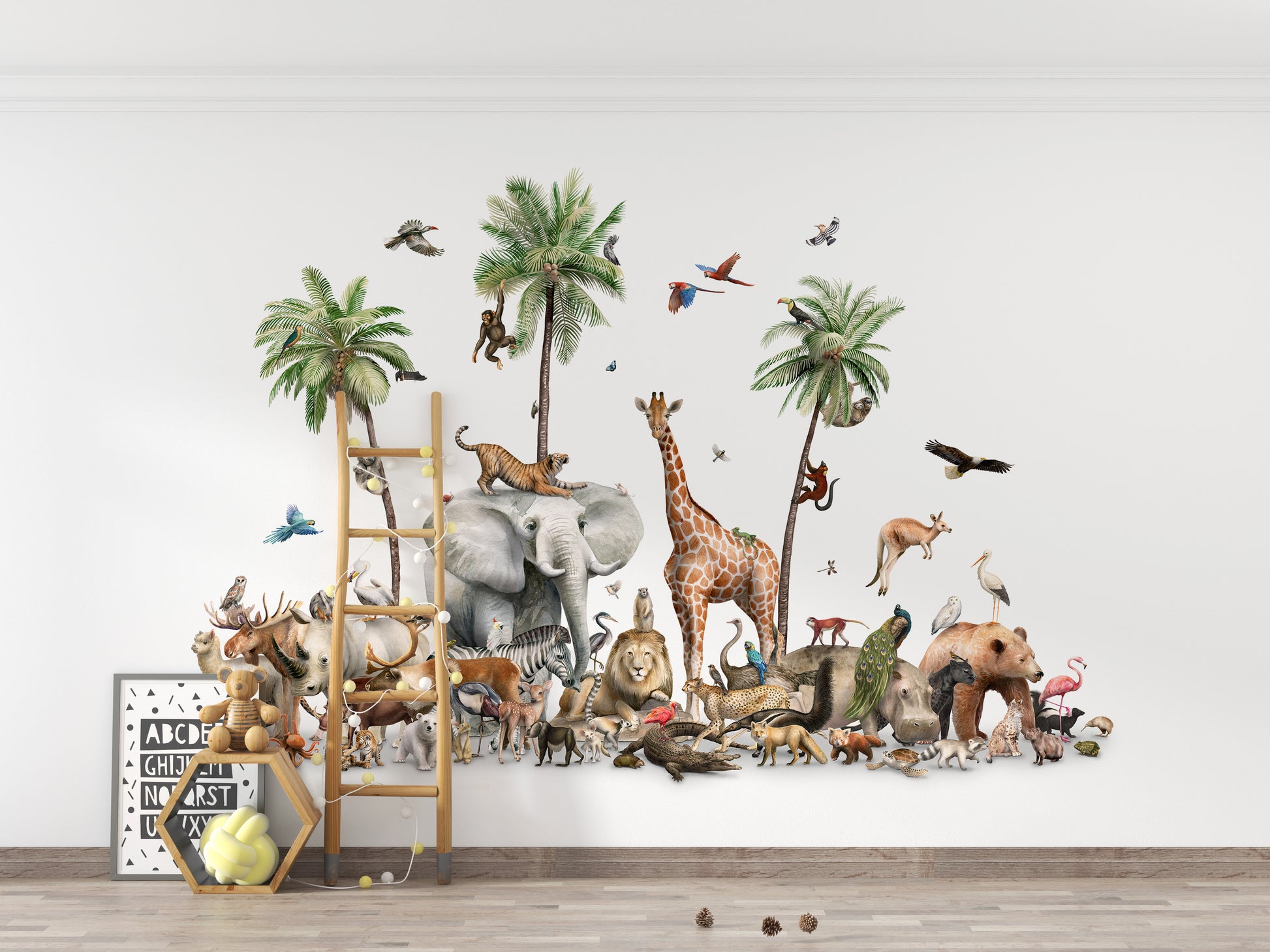 Jungle Safari Animal Birds wallpaper mural beside a wooden ladder shelf and framed ABC alphabet poster