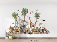 Jungle Safari Animal Birds wallpaper mural beside a wooden ladder shelf and framed ABC alphabet poster
