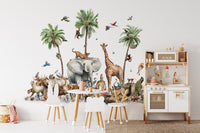 Jungle Safari Animal Birds wallpaper mural with elephant and giraffe behind a wooden kids play kitchen