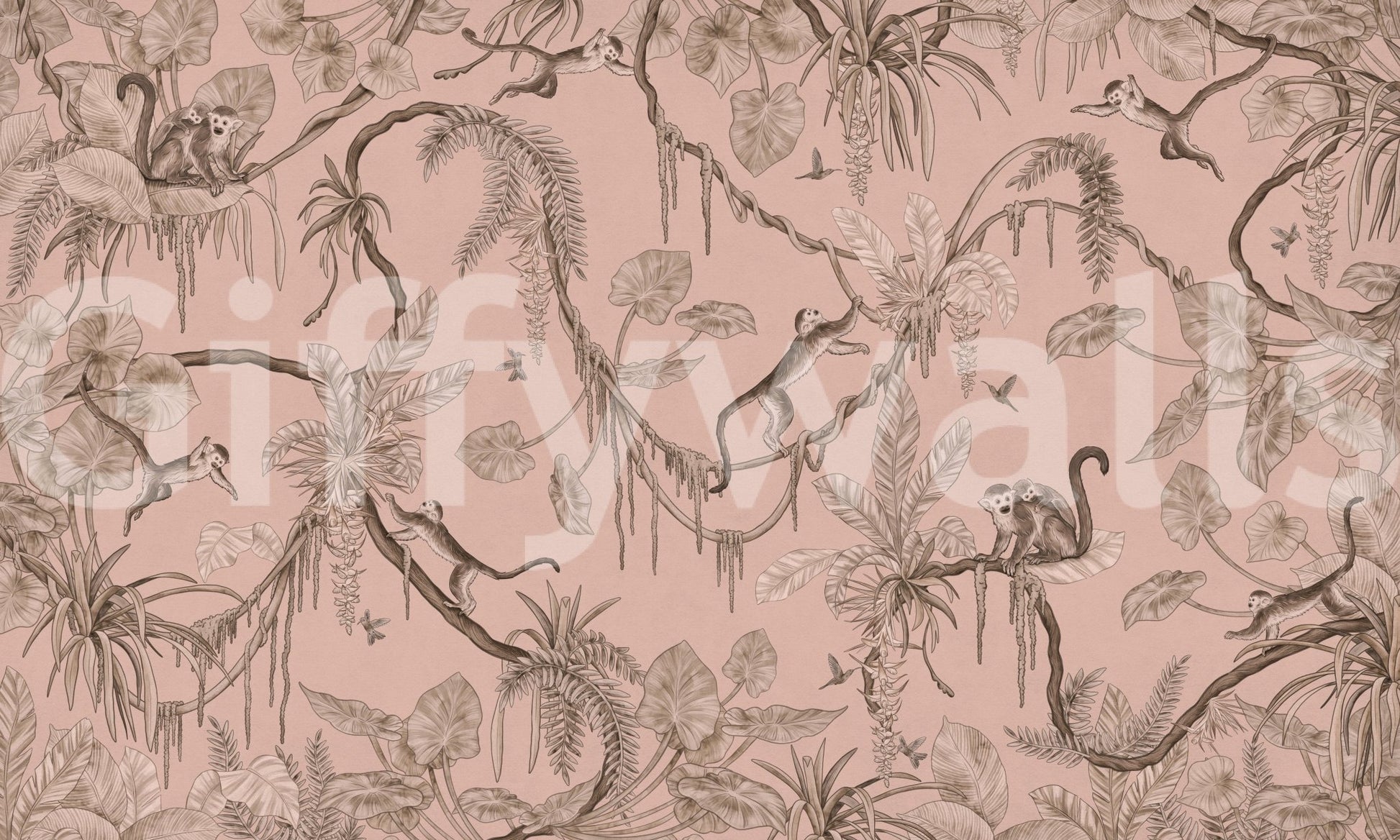 Jungle Serenade wallpaper mural shown as a full-wall blush-pink scene of sepia monkeys, palms and trailing vines
