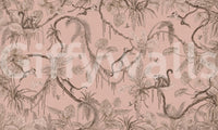 Jungle Serenade wallpaper mural shown as a full-wall blush-pink scene of sepia monkeys, palms and trailing vines