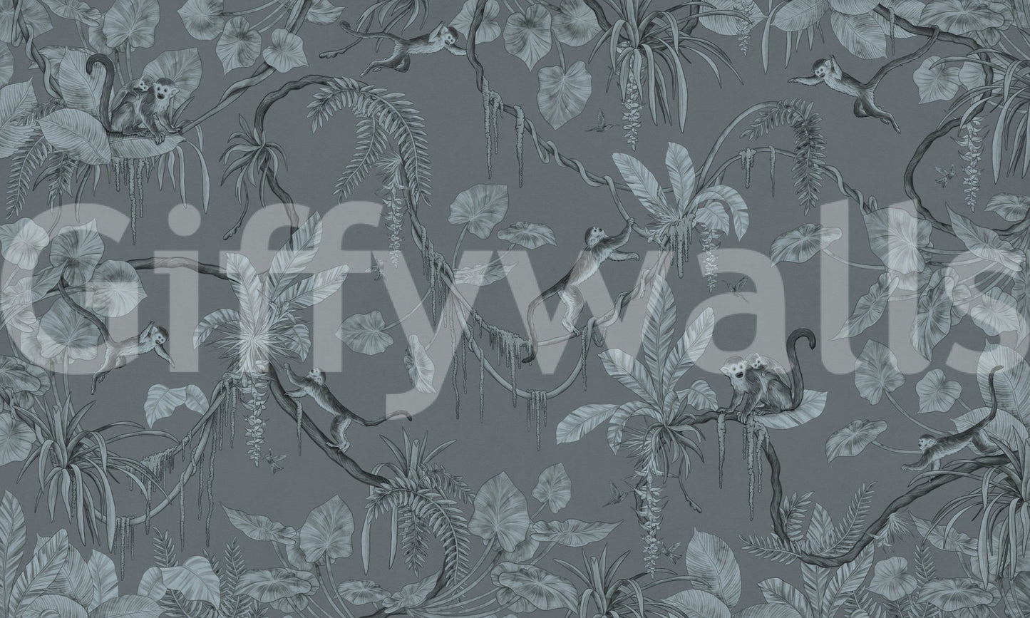 Jungle Sketch Blue Serenity wall mural shown as a full-wall slate-blue scene of monkeys among sketched tropical leaves and palms