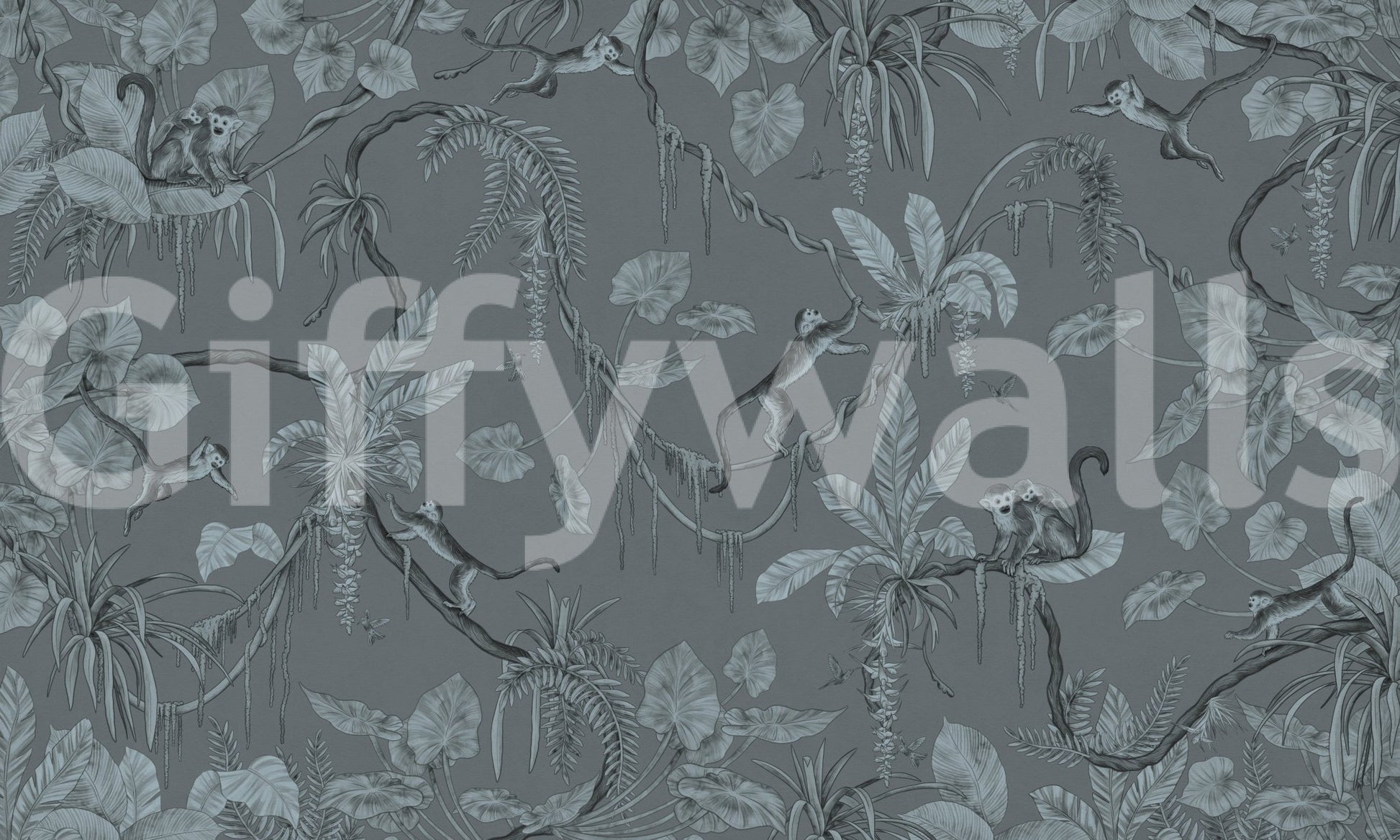 Jungle Sketch Blue Serenity wall mural shown as a full-wall slate-blue scene of monkeys among sketched tropical leaves and palms