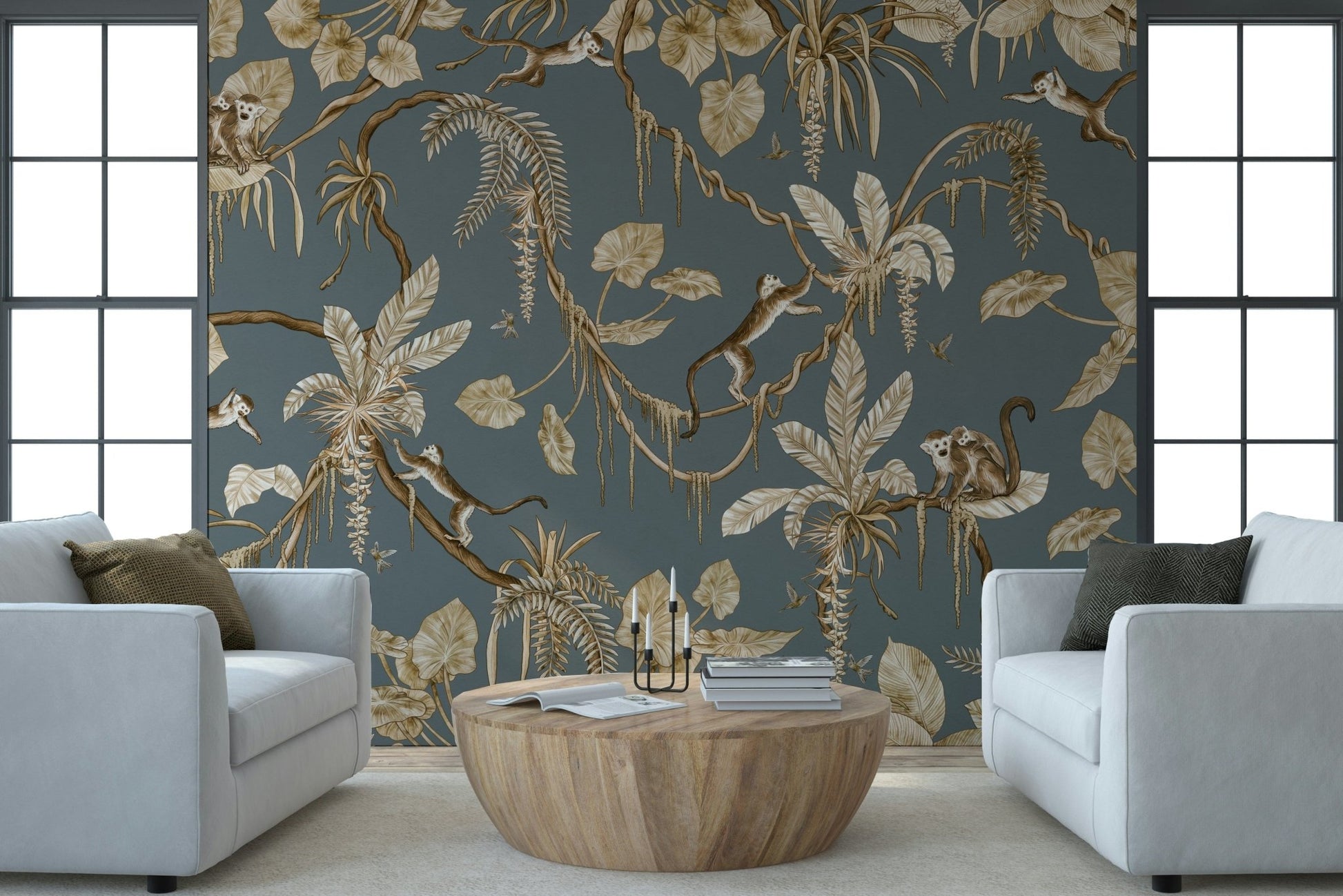 Artistic mural blending exotic animals and vibrant tropical plants