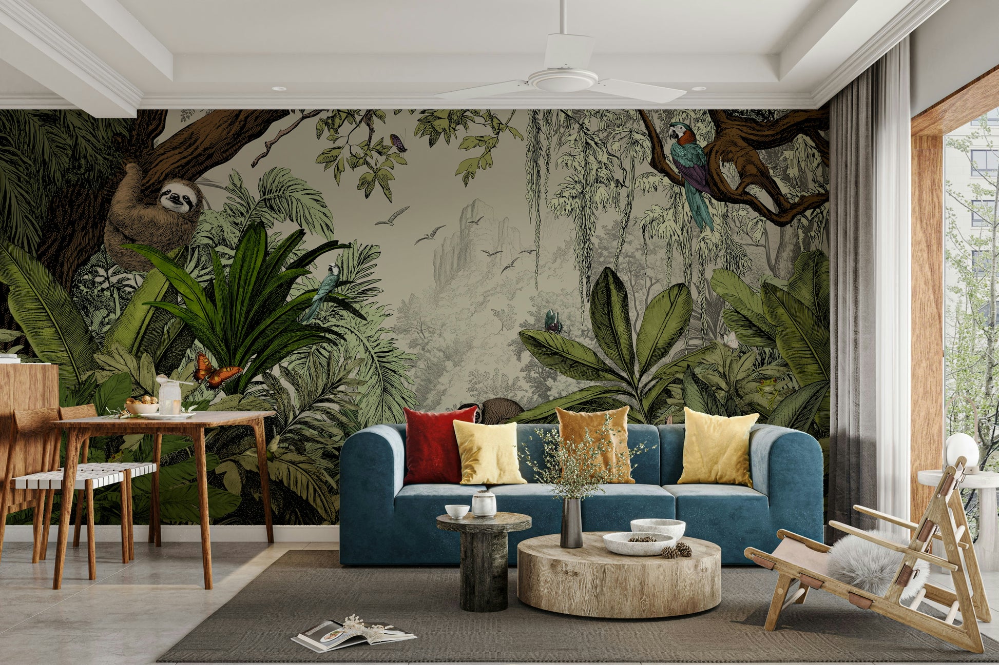 Jungle Vista Day mural with tropical plants and flowers.

