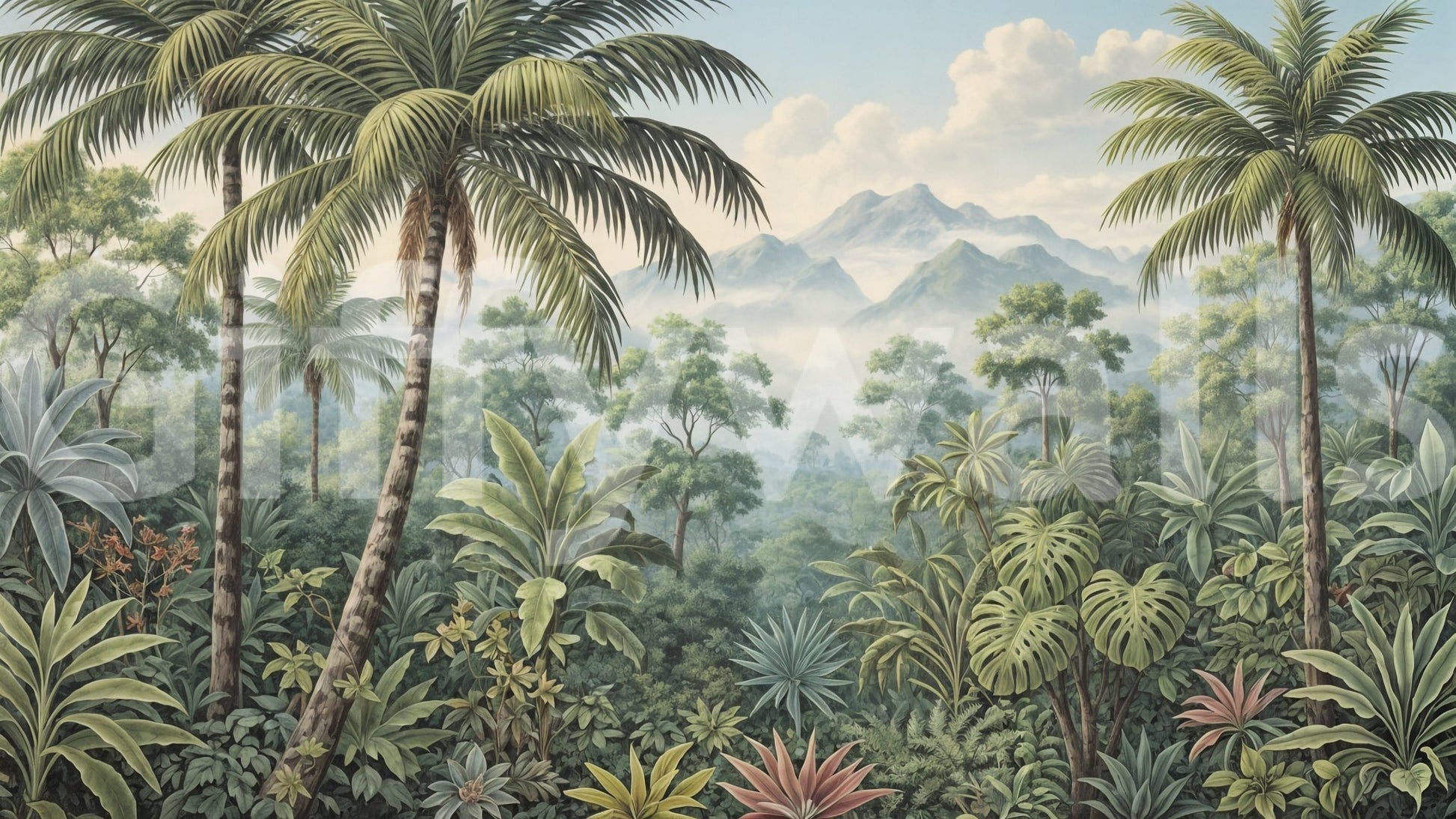 Dreamy clouds hover over distant Jungle Vista wall mural.