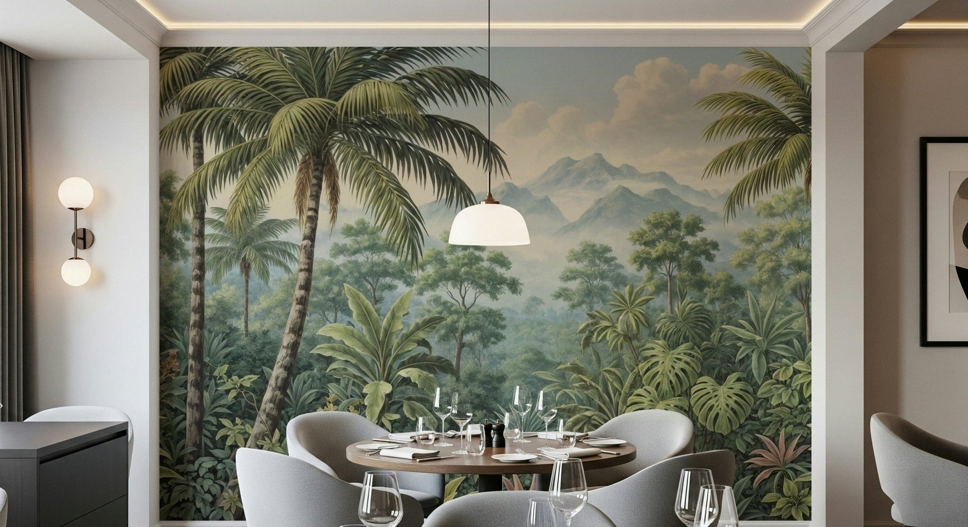 Tropical paradise illustration makes stunning Jungle Vista mural wallpaper.