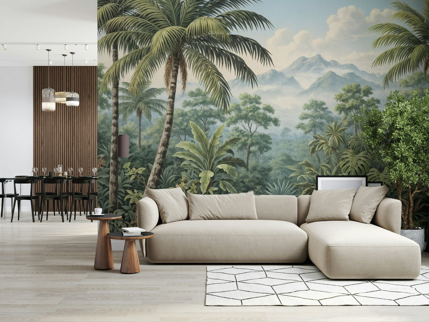 Ancient mountain ridges emerge from Jungle Vista wall mural.
